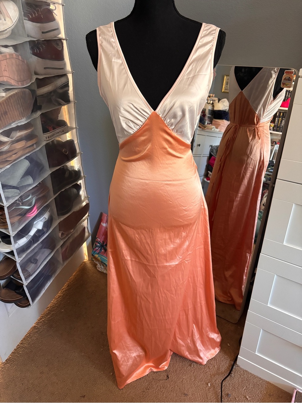 Satin V-Neck Slip Dress in Peach and Cream